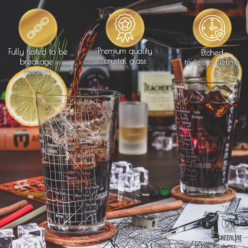Greenline Goods Beer Glasses - 16 oz Drinkware Set for Chicago lovers - Set of 2 - Etched with Chicago, IL Map | Premium Decorative Glassware - Image 3